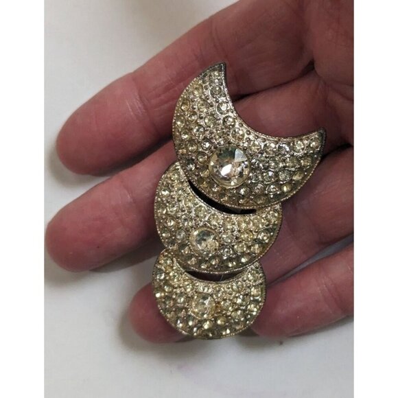 Vintage Silvertone And Rhinestone Three Moons Fur Clip Pins Brooch - Picture 4 of 9